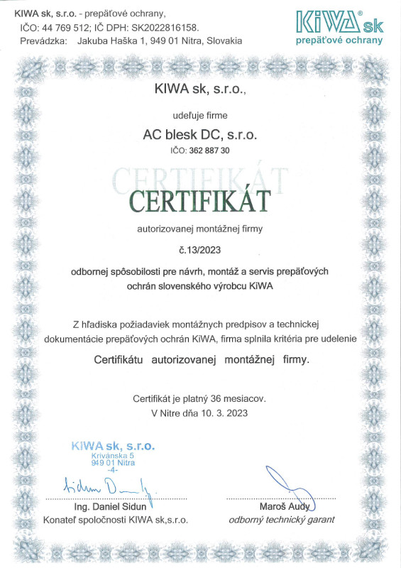 Certifikát - prepäťové ochrany KIWA